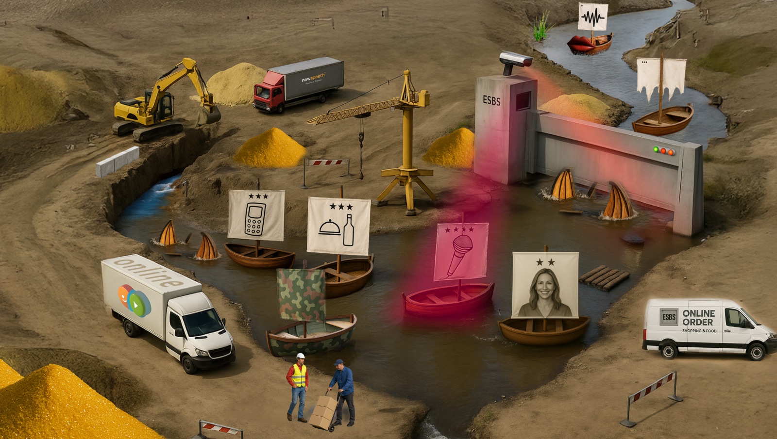 Poster illustrating emotional speech blocks as a river, ships and a dam